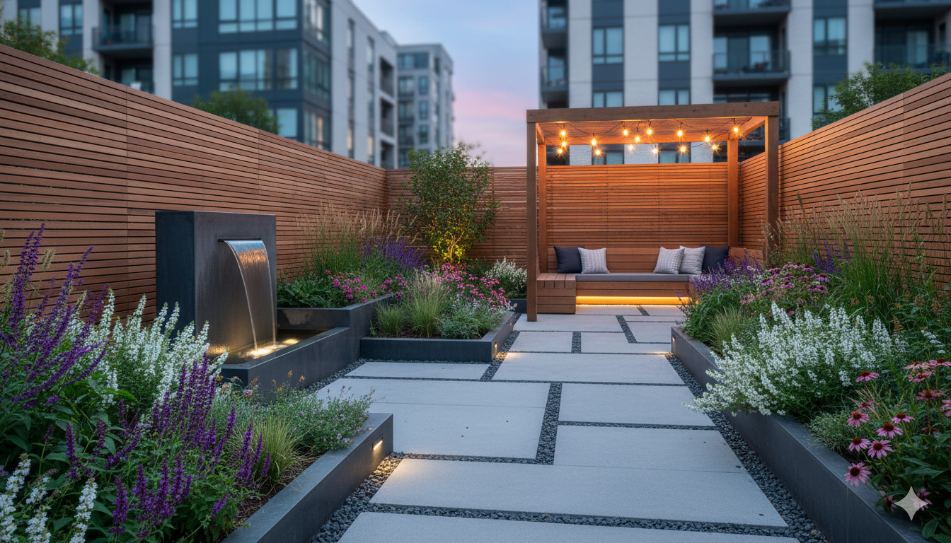 Modern residential garden with perennials and stone pathways